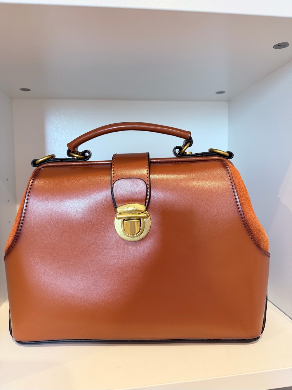 Cognac Brown Doctor Bag Structured Suede Frame Top Handle Satchel